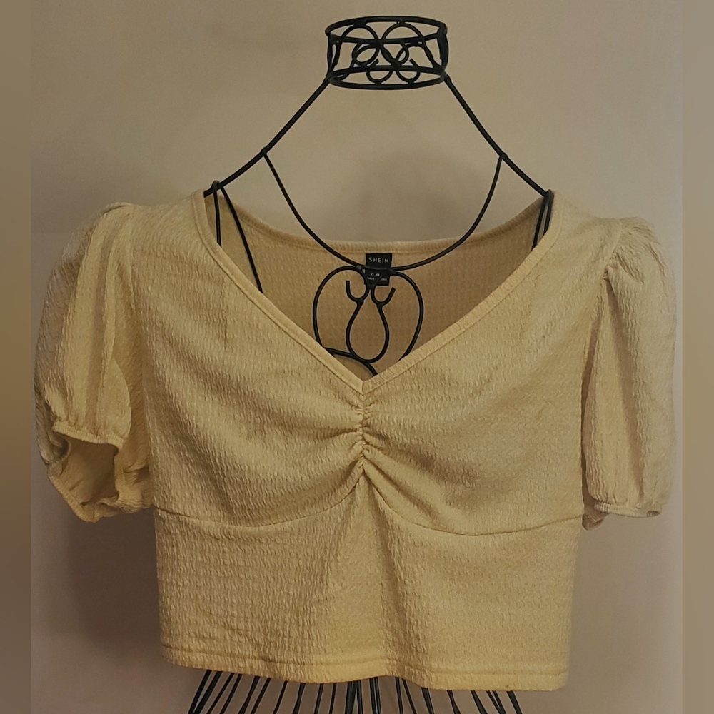 SHEIN Pale Yellow Ruched V-Neck Crop Top